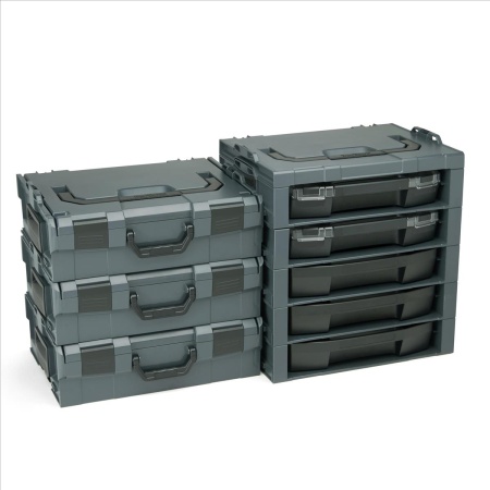 BOSCH SORTIMO Systembox L-BOXX 136 3 Stück & 4 x Rack inaktiv & Rack aktiv & Rack Deckel alle anthrazit & 2 x i-BOXX 72 Black Line & LS-Schublade 72 Black Line